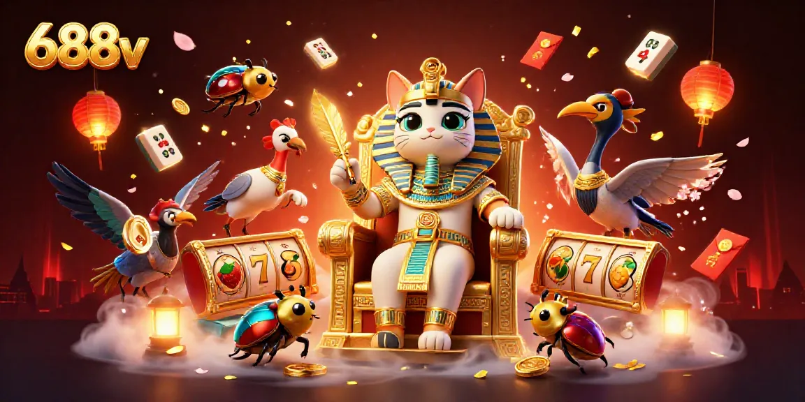 Engage with thrilling 688v gameplay featuring Egyptian pharaoh cat, slot symbols, and vibrant casino elements.