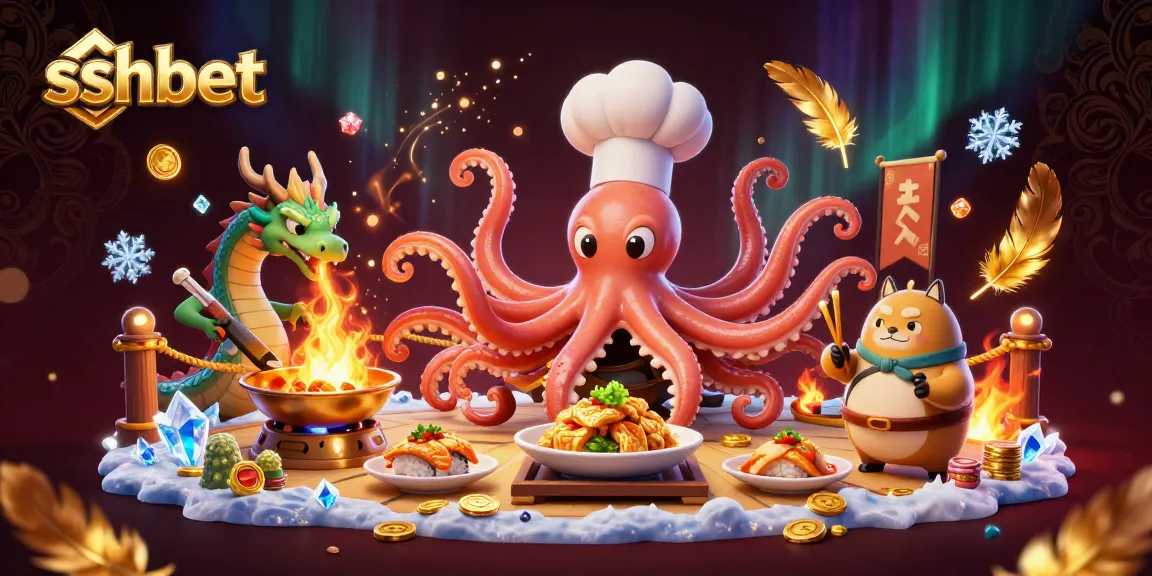 Experience thrilling moments at sshbet, featuring a dynamic scene with a cartoon octopus, dragon, and tanuki.