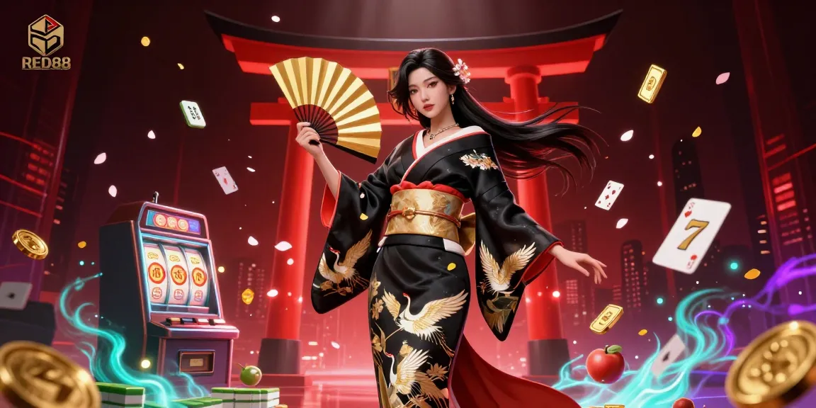 Play to win at RED88 with a spectacular scene featuring a graceful Asian woman in a Japanese kimono amidst vibrant casino elements.
