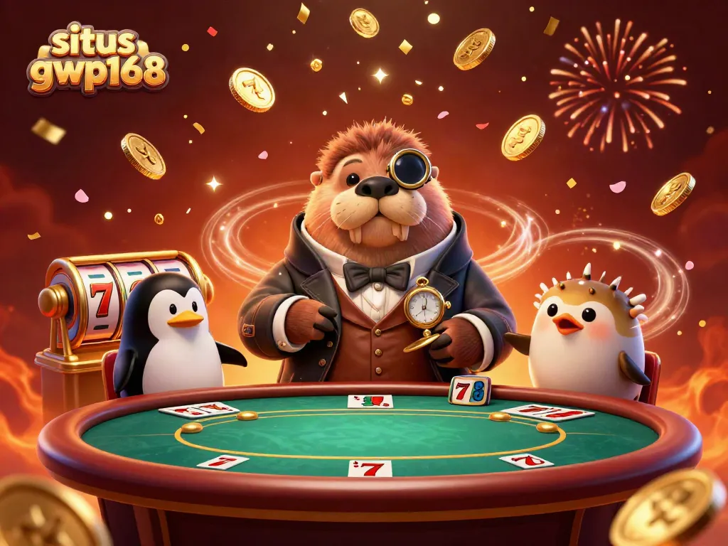 Tampilkan situs gwp168 dengan walrus bahagia bermain poker di meja kasino bawah laut, dikelilingi koin emas.
