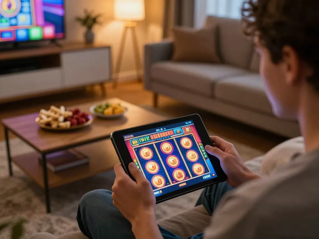 Playing slot online on a tablet in a cozy home setting with vibrant graphics.