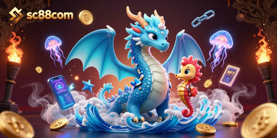 Engage with sc88com's thrilling experience, featuring an azure water dragon and a seahorse knight amidst neon elements.