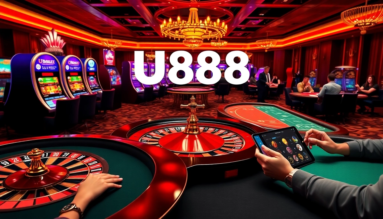 Players enjoying the U888 online casino experience with vibrant slots and poker tables.
