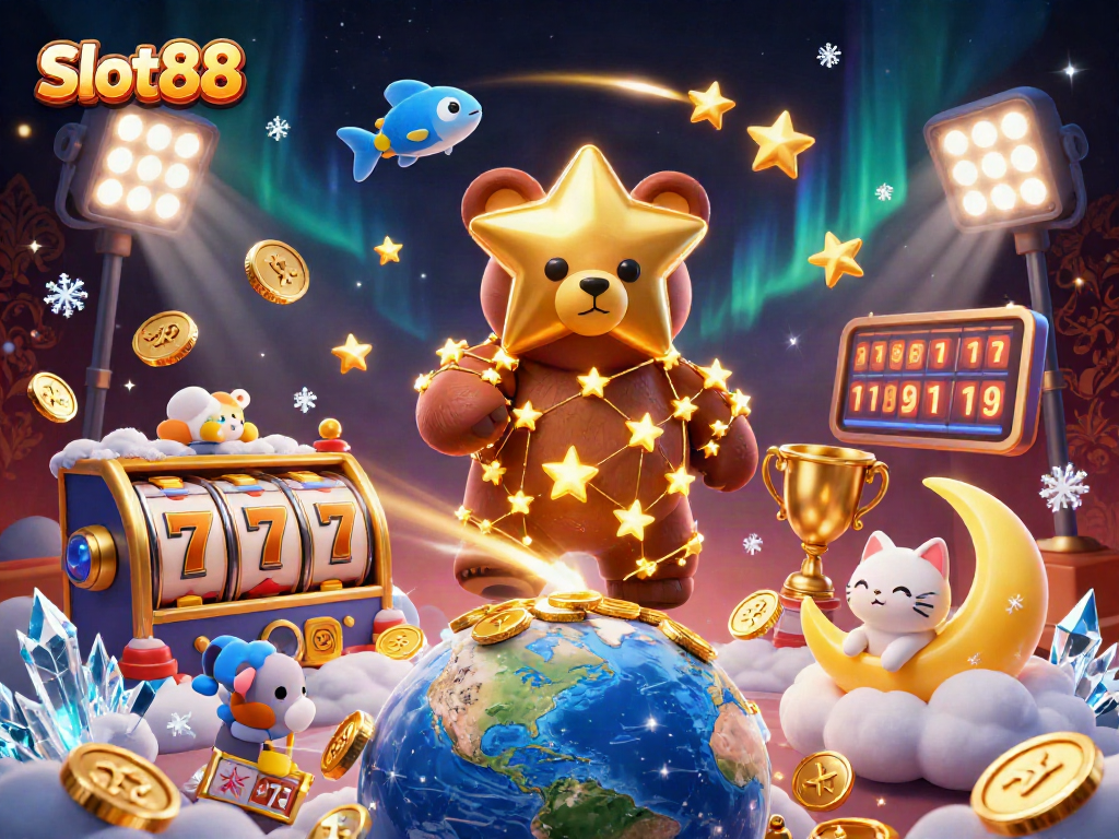 Experience Slot88 with an enchanting illustration featuring a constellation bear, lucky symbols, and vibrant casino elements.