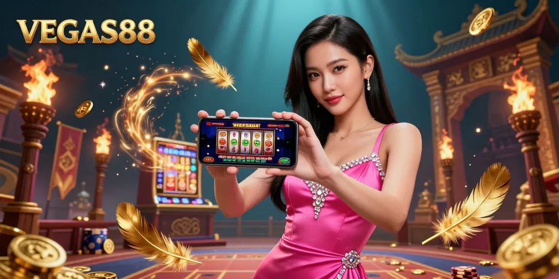 Engage with VEGAS88's exciting live dealer game, showcased by a stylish woman in a dynamic casino environment.