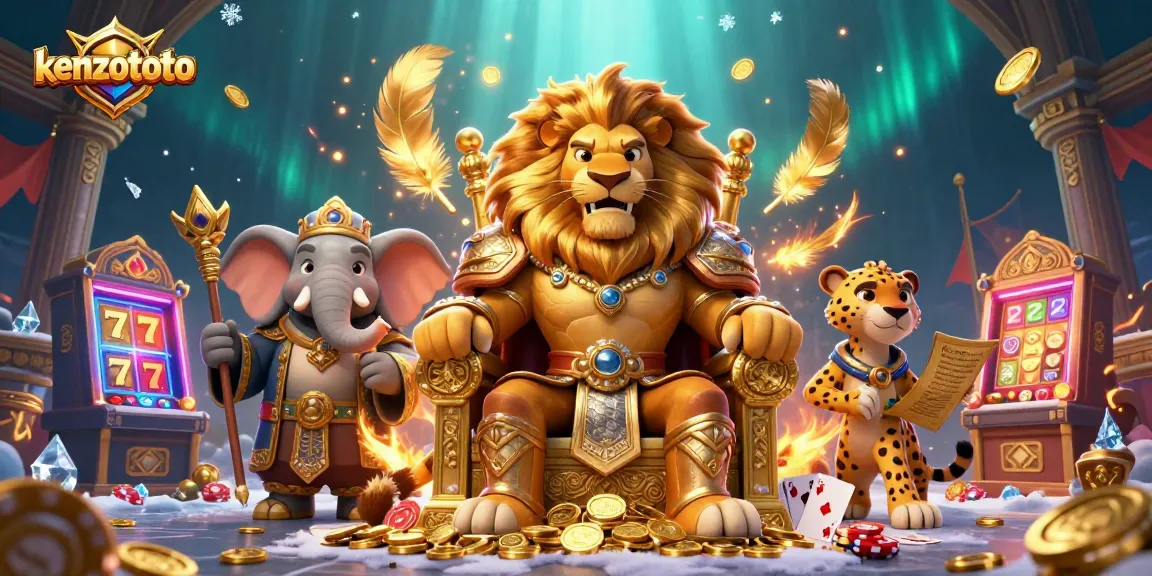 Kenzototo players winning big in a thrilling 3D casino scene with a fierce lion king, elephant advisor, and cheetah messenger.