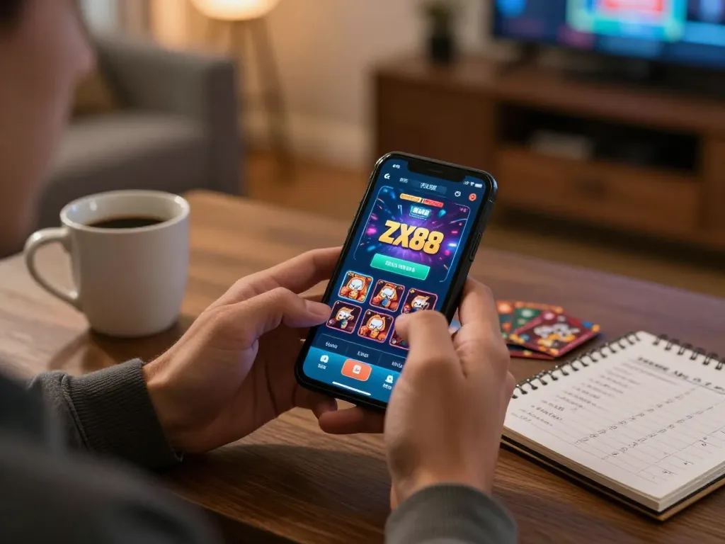 Player utilizing zx88 app for online gambling in a cozy home environment.