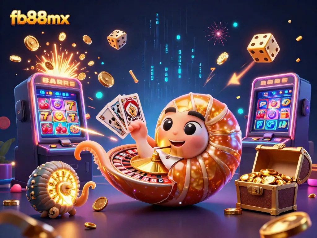 Engage with exciting games at fb88mx, featuring a dynamic scene with a giant nautilus revealing jackpot treasures and casino elements.