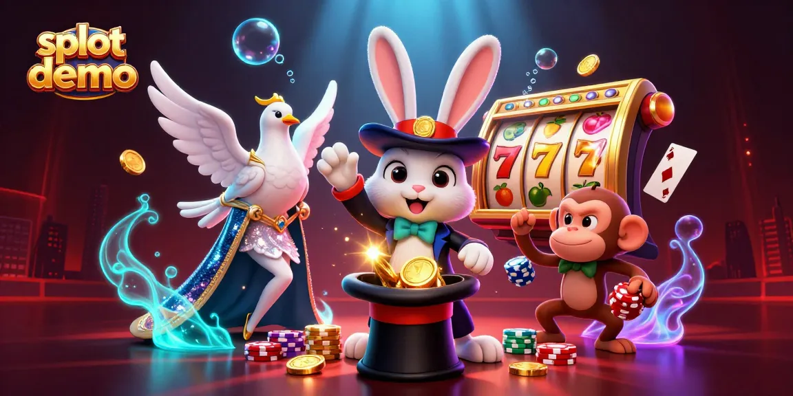 Slot demo dengan kelinci penyihir menarik koin emas dari topi di dunia kasino yang berkilau.