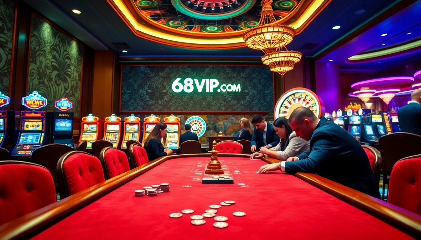 Experience the thrill of gambling at 68VIP.COM with vibrant casino setups and action-packed tables.