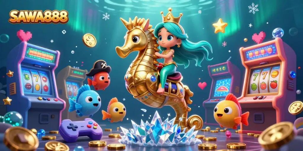 Engage in fun at SAWA888 with vibrant underwater casino action featuring mermaids and gaming elements.