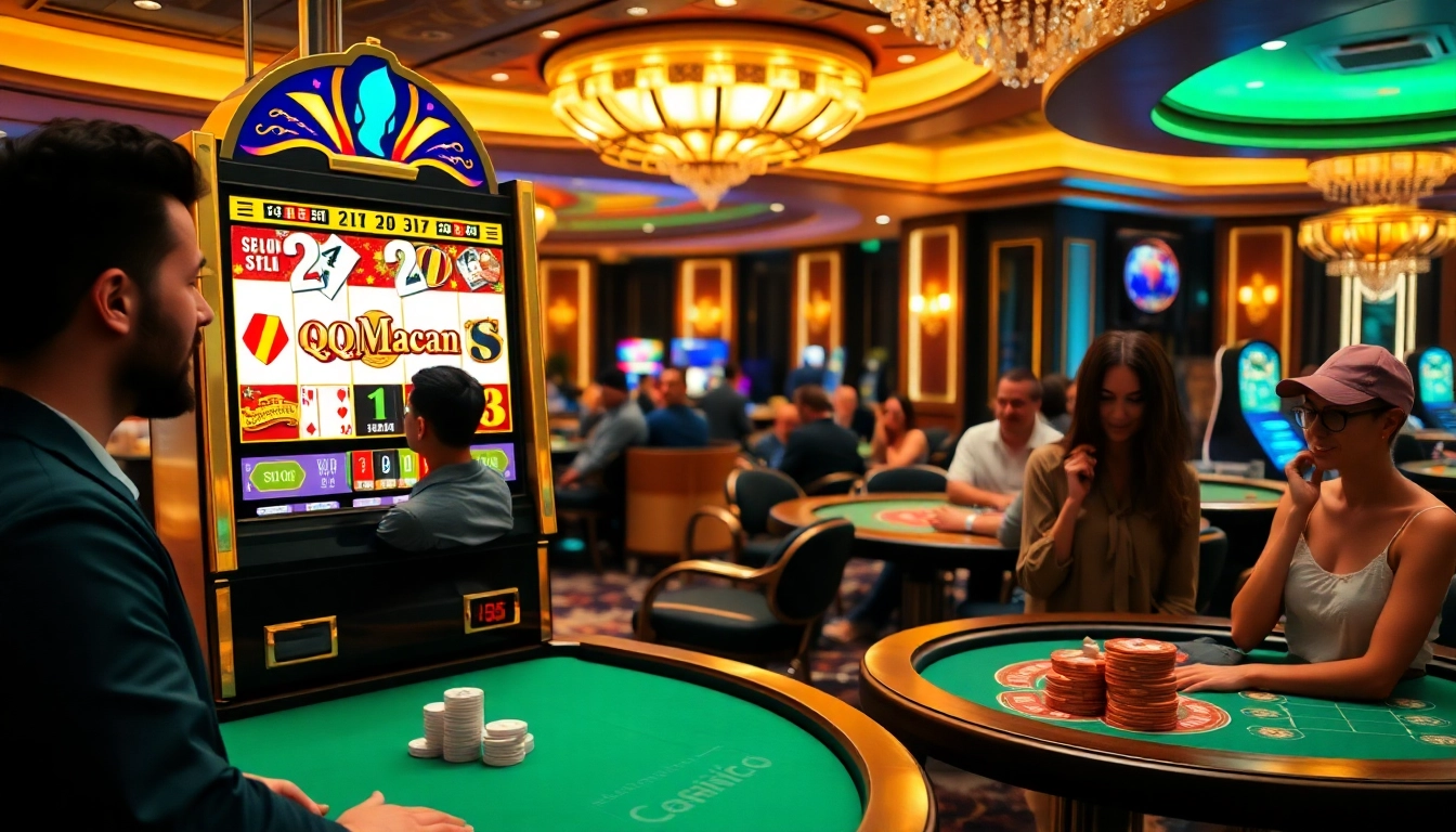 Experience excitement at qqmacan with vibrant slot machines and poker action in a luxurious casino setting.