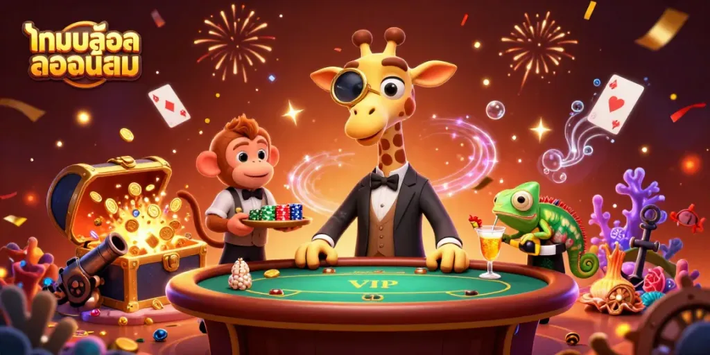 Experience fun with เกมสล็อตยอดนิยม featuring a luxurious giraffe at a casino table surrounded by energy and excitement.