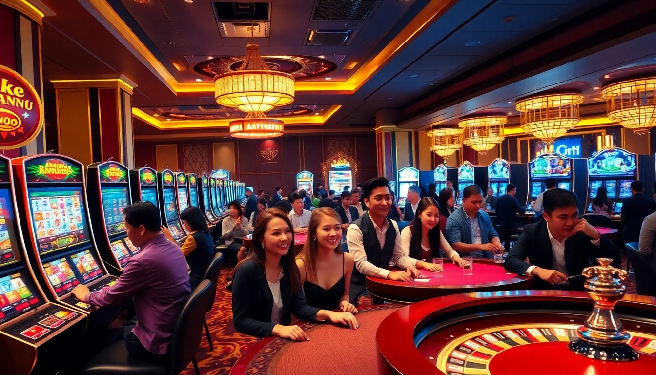 KTP JITU players enjoying vibrant slot machines in a luxurious casino setting.