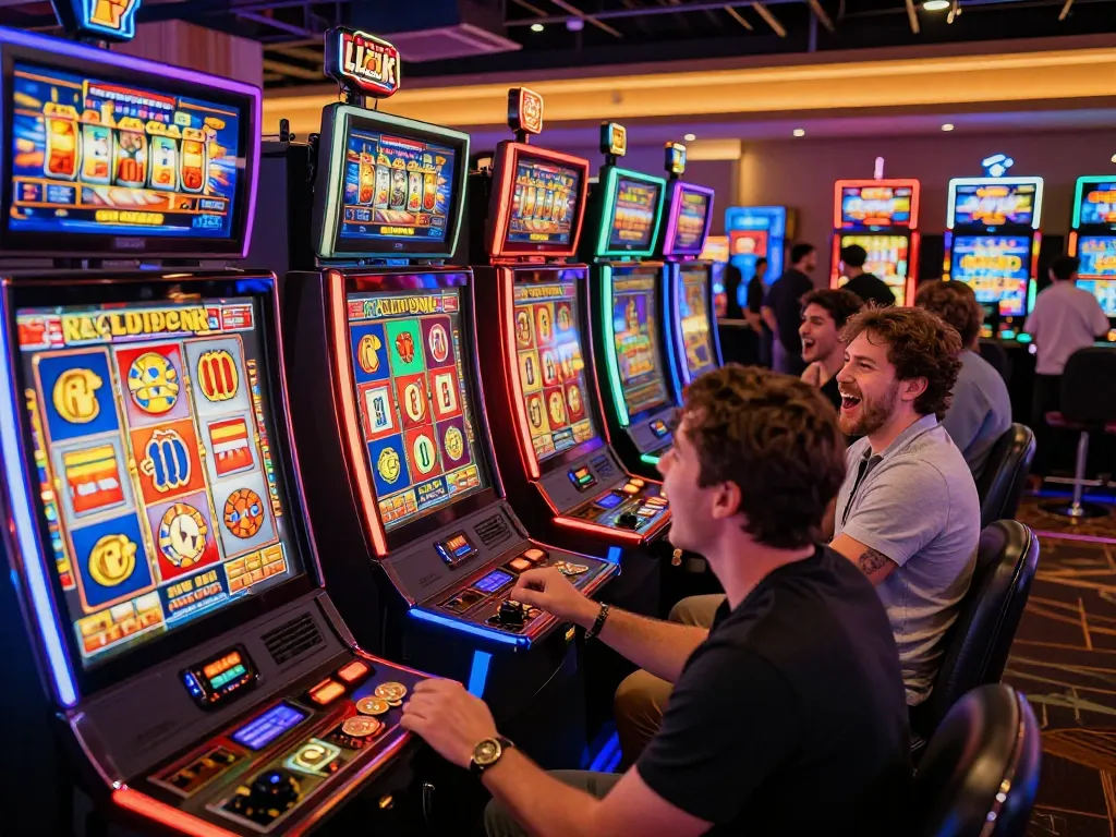 Exciting link slot gaming scene in a bustling casino with players engaging with vibrant machines.