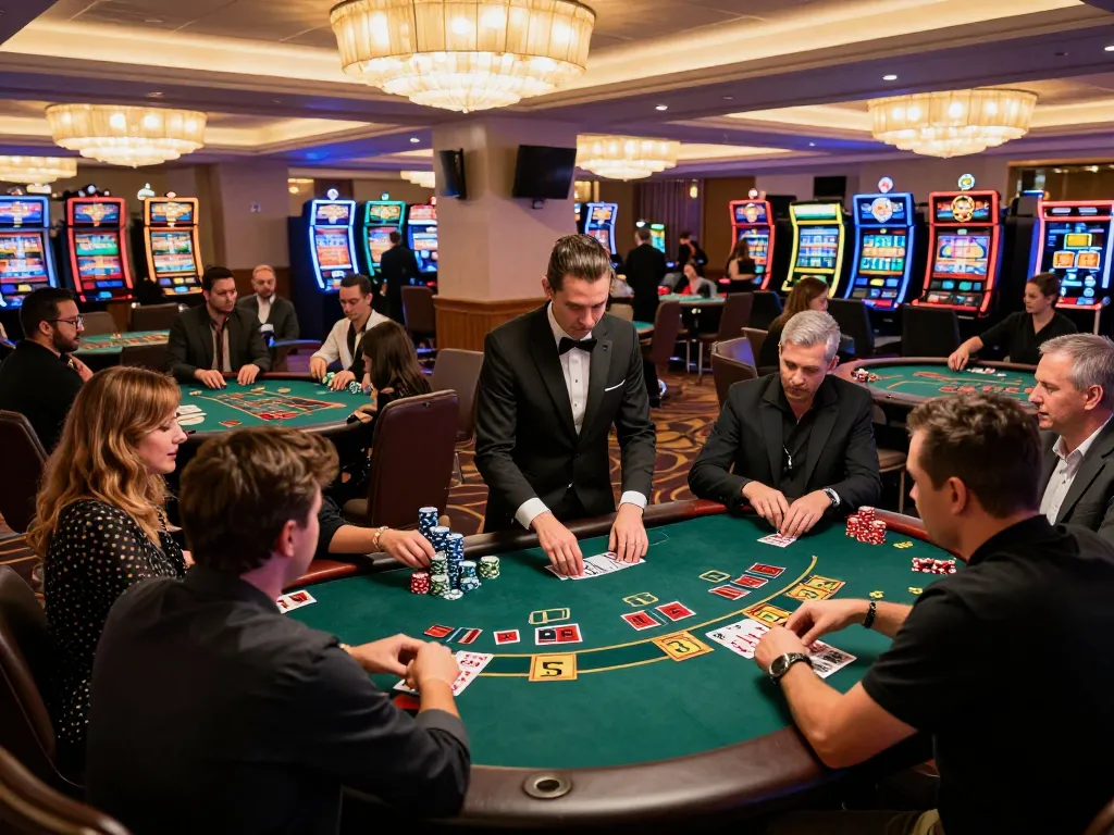 Exciting blackjack gameplay in a bustling casino showcasing players engaging with z16 stacks of chips.