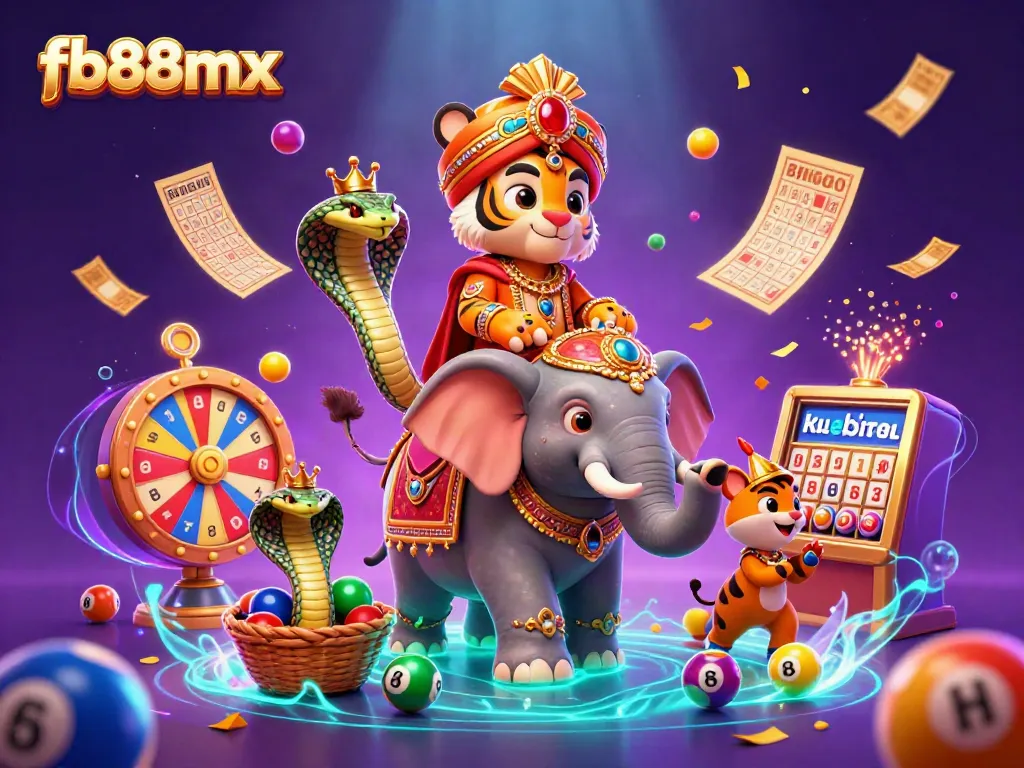 Join the excitement of fb88mx with a dynamic casino scene featuring a jewel-encrusted elephant and colorful lottery elements.