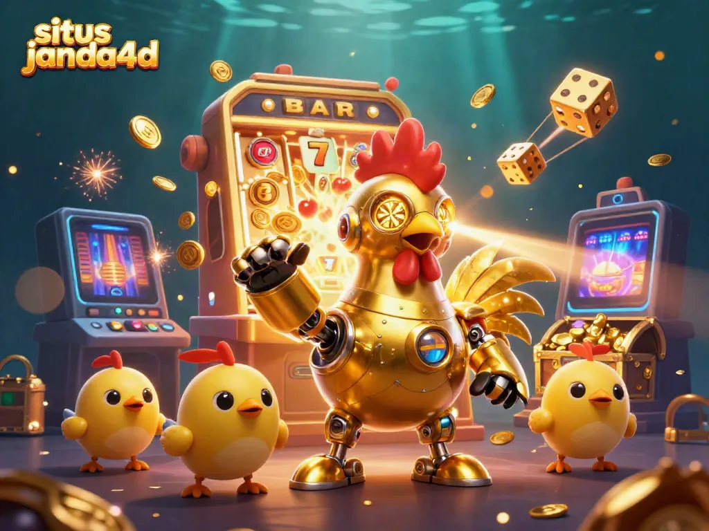 Gali kemenangan di situs janda4d dengan robot ayam emas dan mesin slot megah yang melimpah koin.
