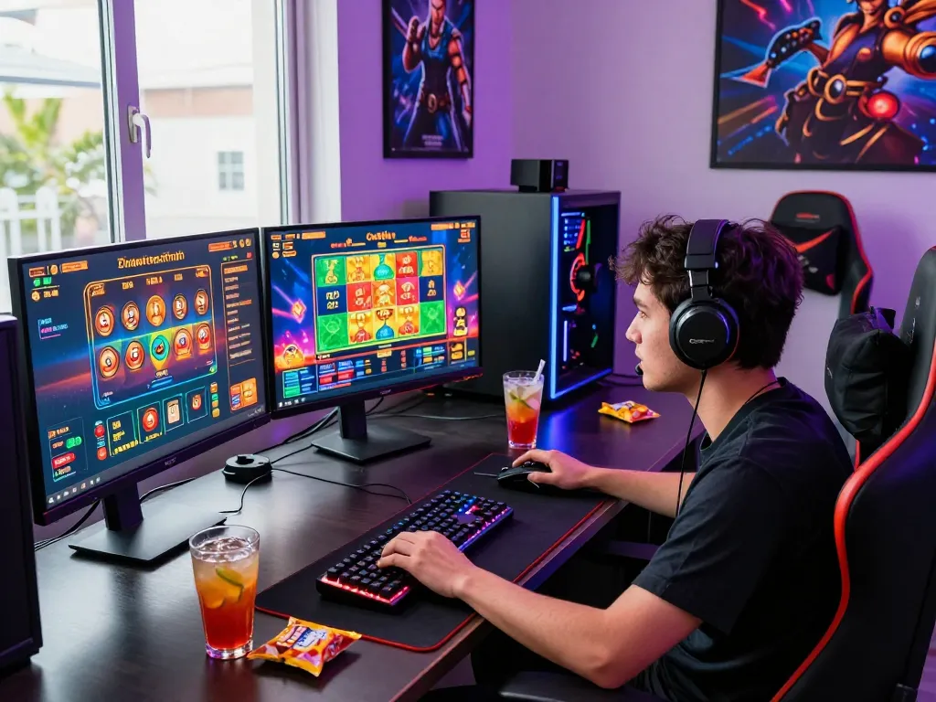 Engaged player enjoying toto togel games at a modern gaming desk with multiple screens and vibrant visuals.