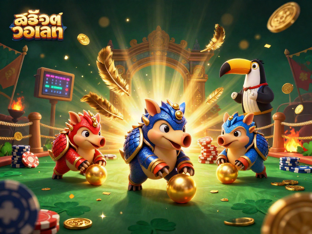Engage with สล็อตวอเลท as rival pangolins roll golden balls and chips in a vibrant casino arena.
