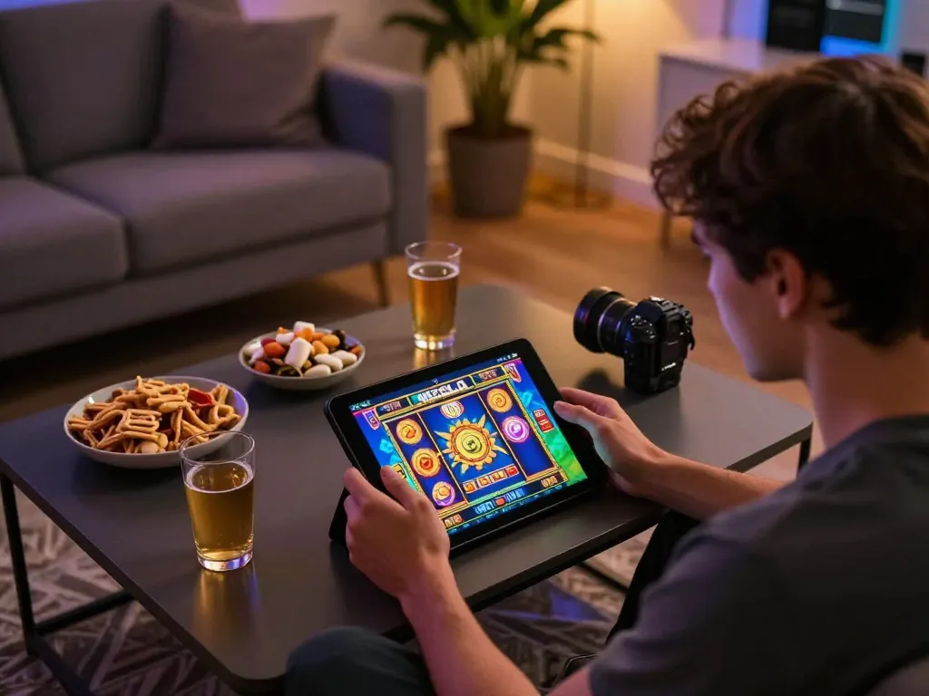 Engaging in mega slot gameplay on a tablet in a cozy home setting, emphasizing a relaxed gaming environment.