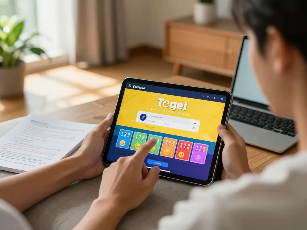 YowesJP player engaging with online togel game on tablet in cozy home setting.