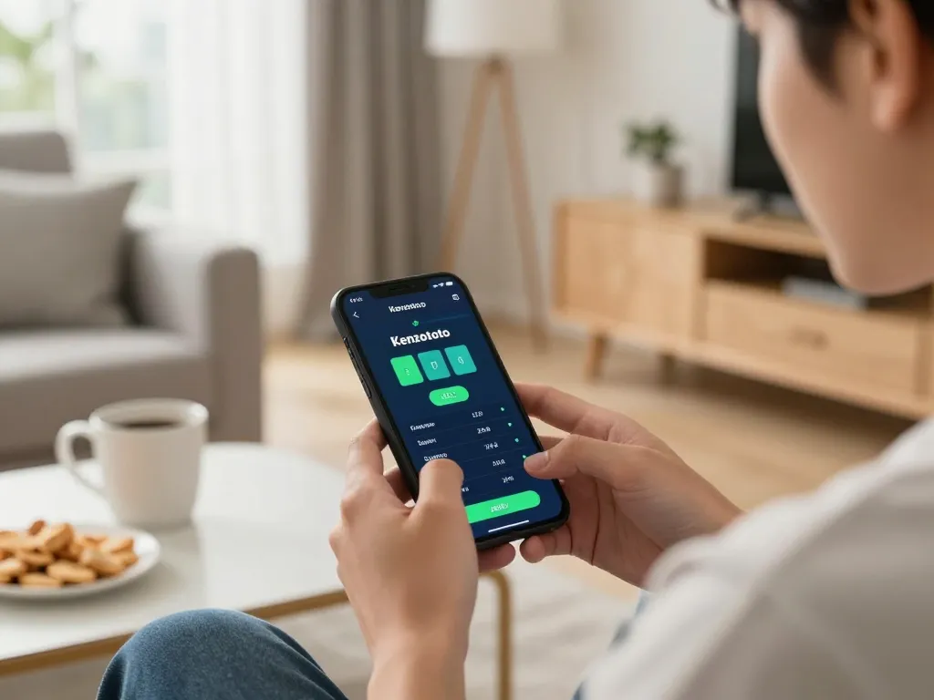 Aplikasi Kenzototo ditampilkan di smartphone selama sesi permainan online yang mendebarkan di rumah