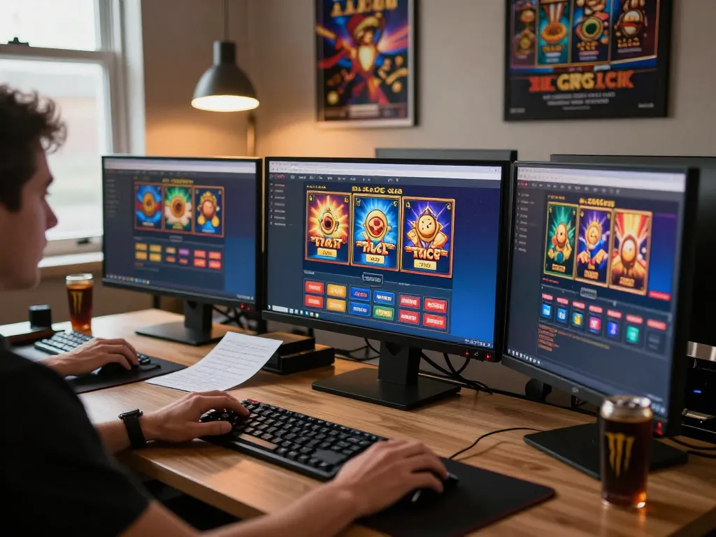 SlotsGG online gaming setup with multiple screens showcasing exciting gameplay, enhancing bankroll management strategies.