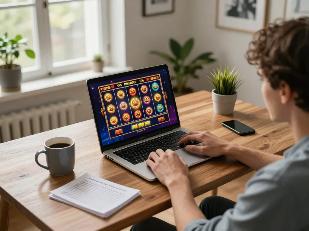 Player spinning slots on a laptop showcasing winning potential in a cozy home office.