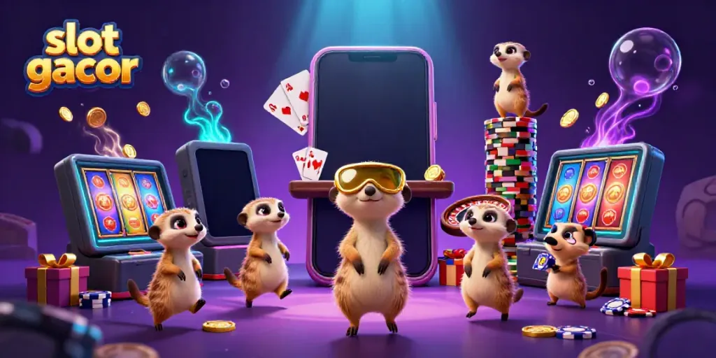 Experience thrilling gameplay with slot gacor as playful meerkats manage a vibrant casino scene.
