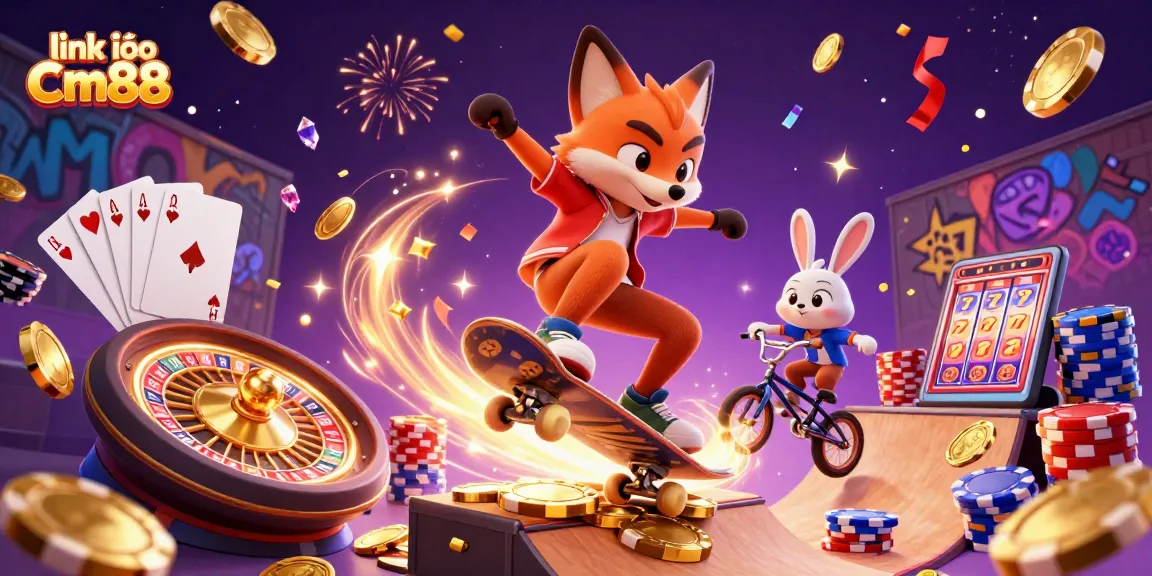 Experience excitement with link vào Cm88, featuring a playful 3D skateboarding fox and a BMX-riding rabbit amidst casino elements.