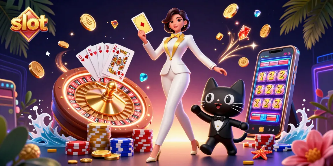 Experience slot excitement with a glamorous dealer and lucky symbols amidst flying coins.