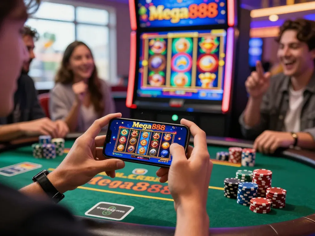 Enjoying free credit mega888 while playing slots on a smartphone in a lively casino scene.