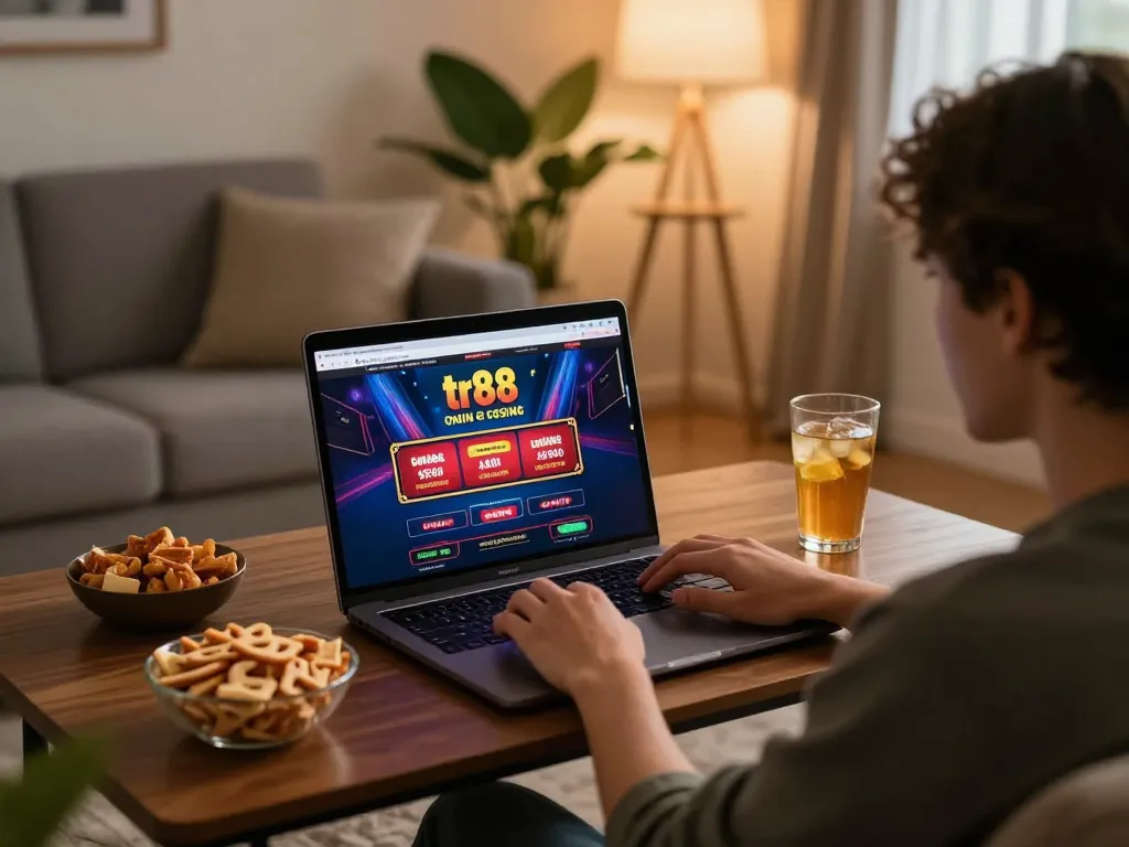 Engaging in tr88 online casino gameplay on a laptop in a cozy living room.