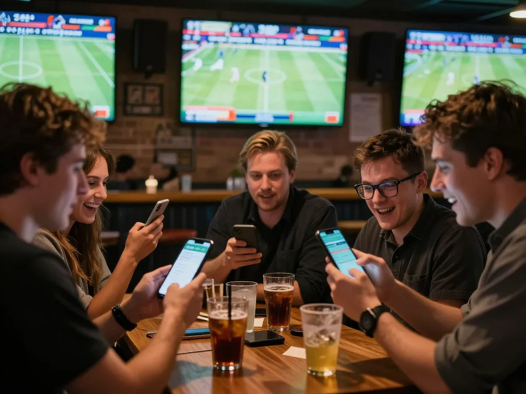 Exciting sports betting scene showing patrons using apps on their smartphones at a sports bar while watching live matches, emphasizing trang cá cược bóng đá activities