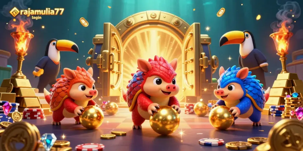 Permainan seru dengan rajamulia77 login: pangolin berarmor merah dan biru menggulung bola emas.