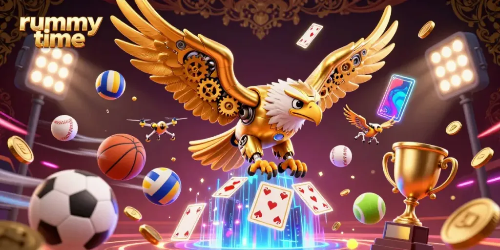 Engage with rummy time's thrilling gameplay in a dynamic 3D illustration filled with casino excitement.