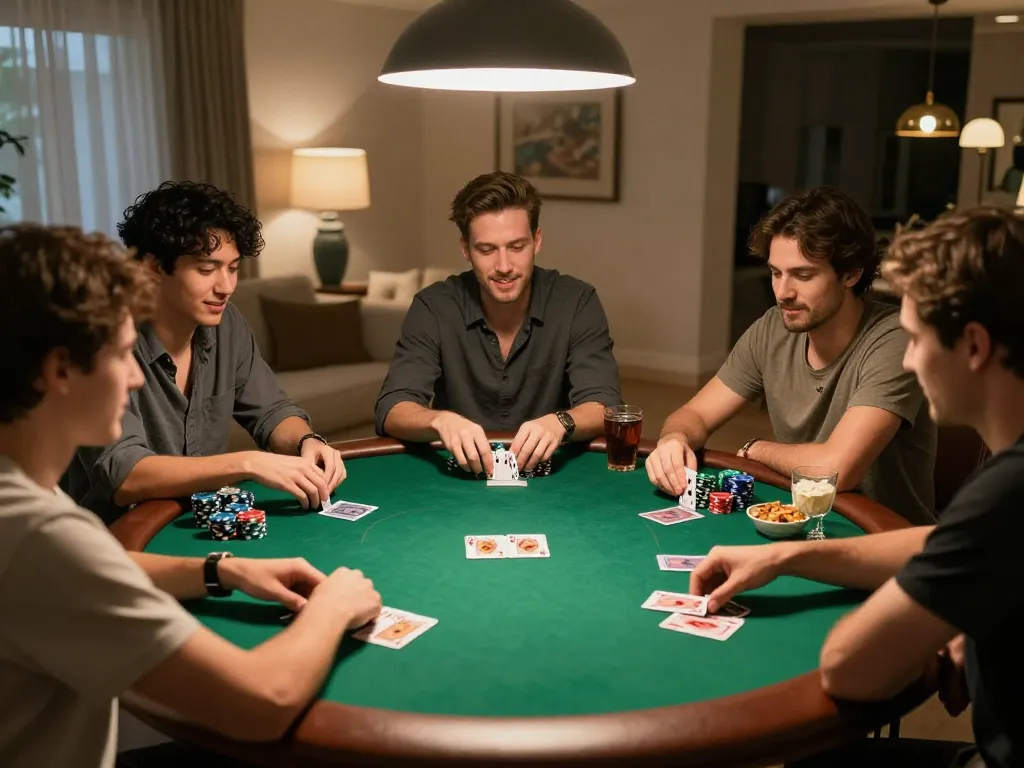 king33 players enjoy poker night at home, showcasing chips and cards during the game