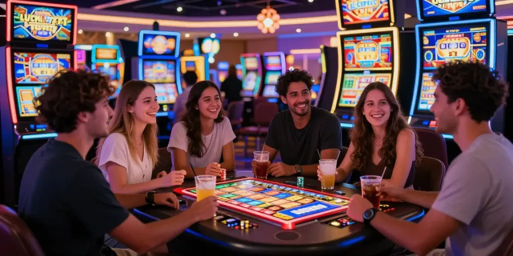 Exciting Lucky777 gaming experience in a vibrant casino with friends.
