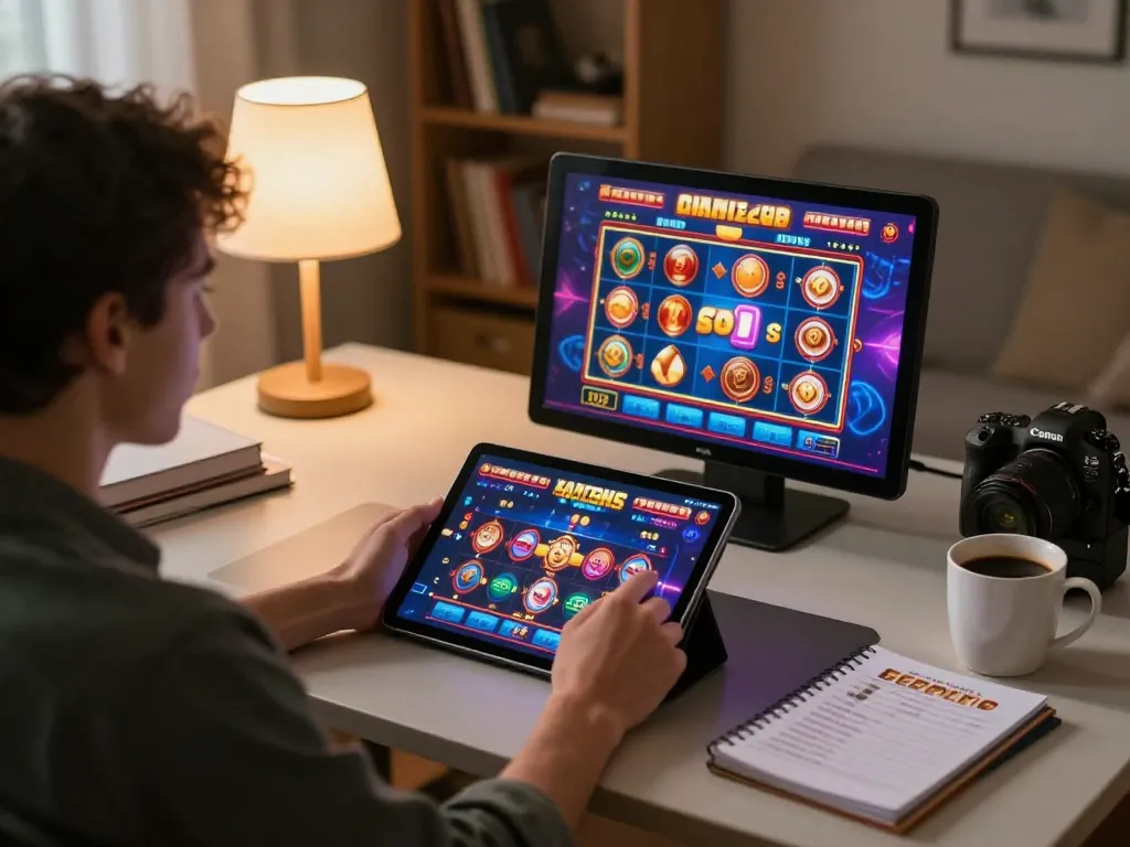 Pemain yang terlibat memutar permainan slot di tablet dalam lingkungan rumah yang nyaman, menyoroti strategi perjudian online.
