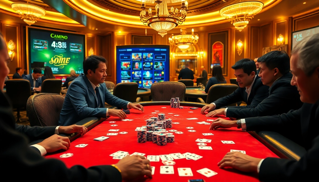 Players enjoying a thrilling game at a poker table, showcasing dinamit4d excitement in a luxurious casino.