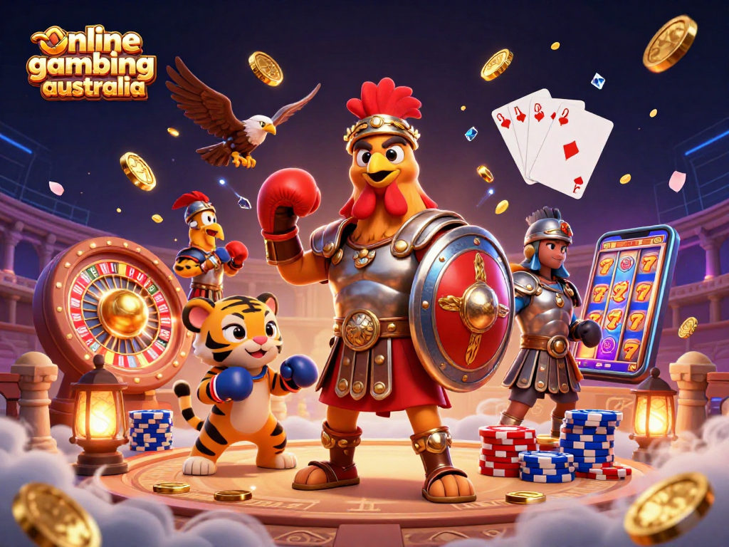 Engage in online gambling Australia with exciting pokie challenges showcased in a vibrant 3D scene.