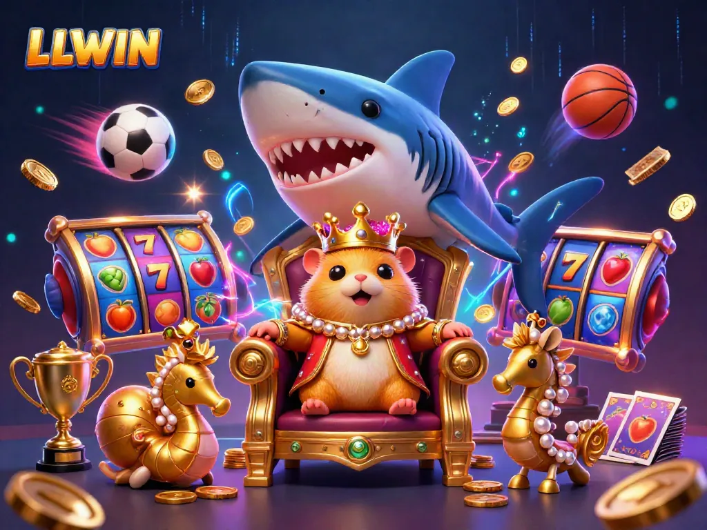 Experience the thrill of LLWIN with a golden hamster king in a vibrant casino scene filled with slot elements, sports balls, and glowing treasures.