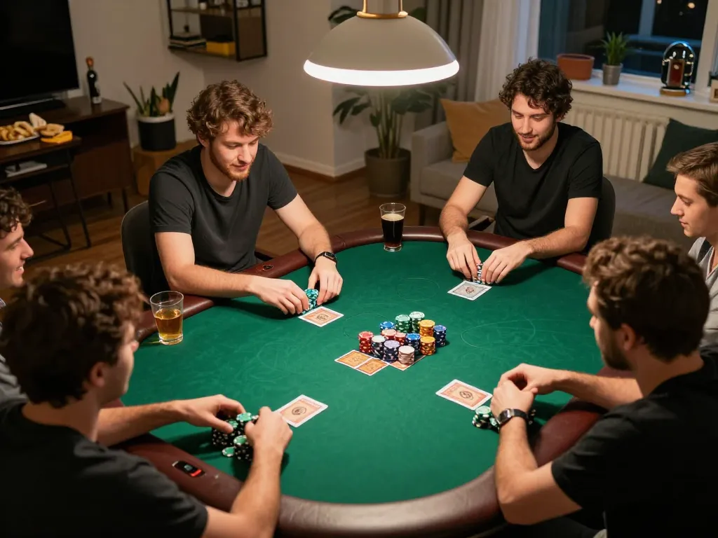 Engaged players at a poker table with chips and cards, du88 competitive gaming atmosphere of strategy and fun.