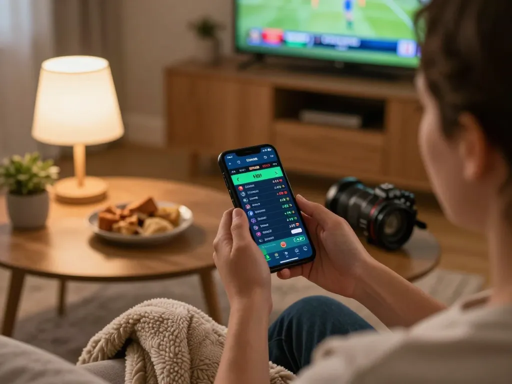 Betting on sports with tr88 app on smartphone, cozy home setup
