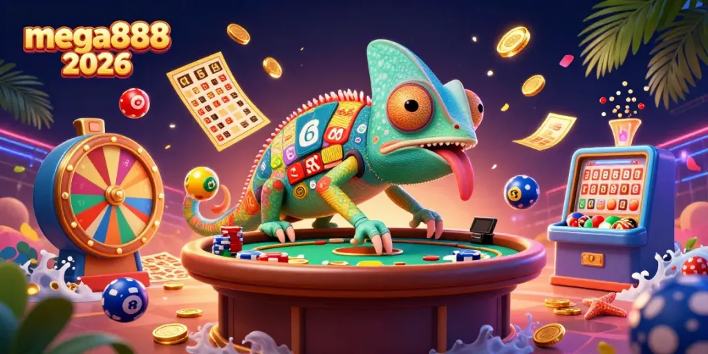 Experience mega888 2026 with a vibrant casino scene full of colorful lottery elements.