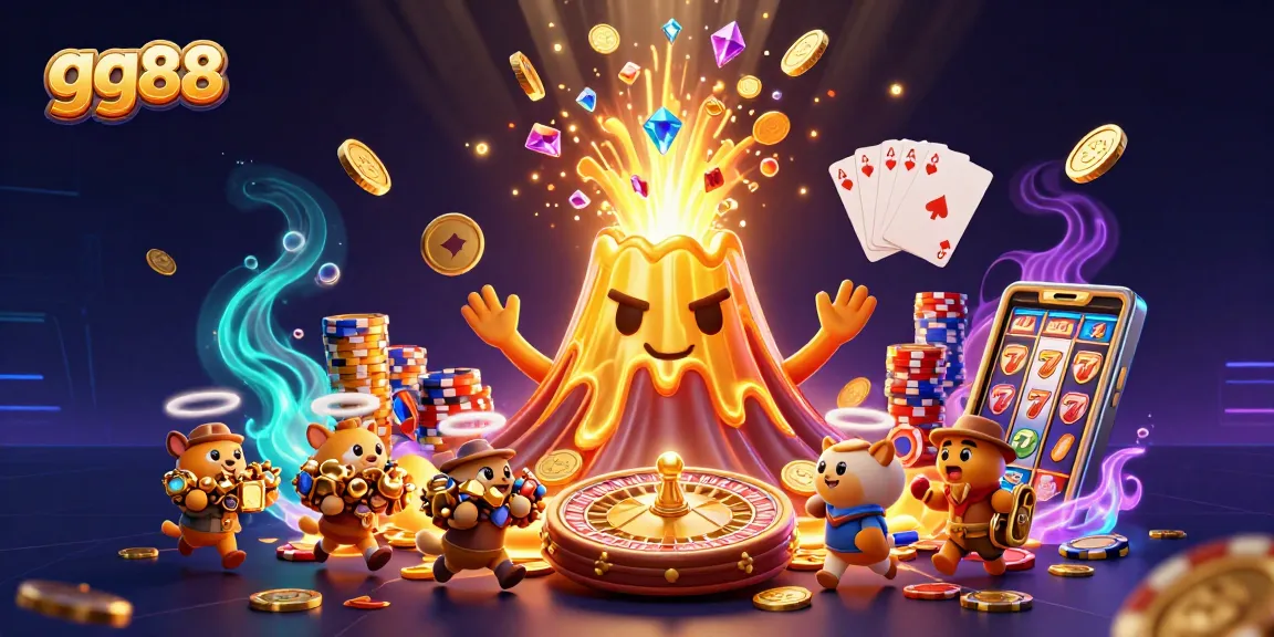 Win at gg88 with an erupting volcano of treasure, showcasing vibrant casino elements and excitement.