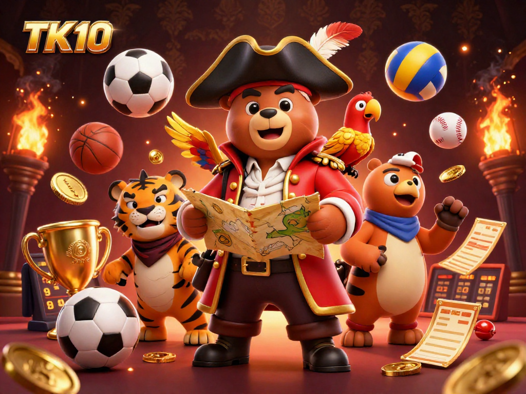 Experience thrilling betting adventures with TK10's dynamic gaming scene featuring cartoon pirate characters and sports elements.
