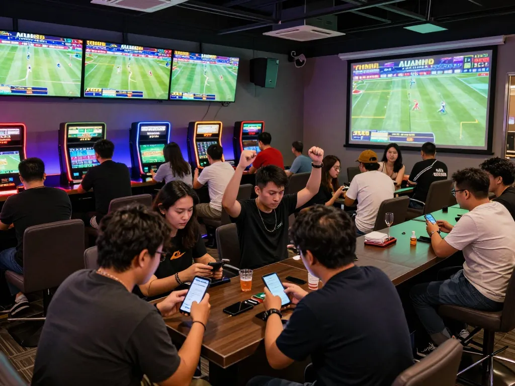 Enthusiastic sports fans engaging in live betting at Thể Thao MM99 with mobile devices.