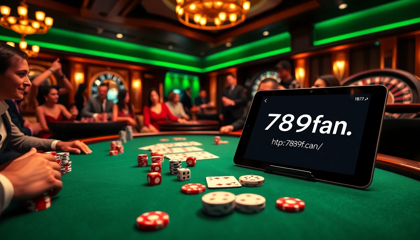 Engage with thrilling poker action at https://789f.fan/ featuring vibrant chips and cards in a luxurious casino setting.